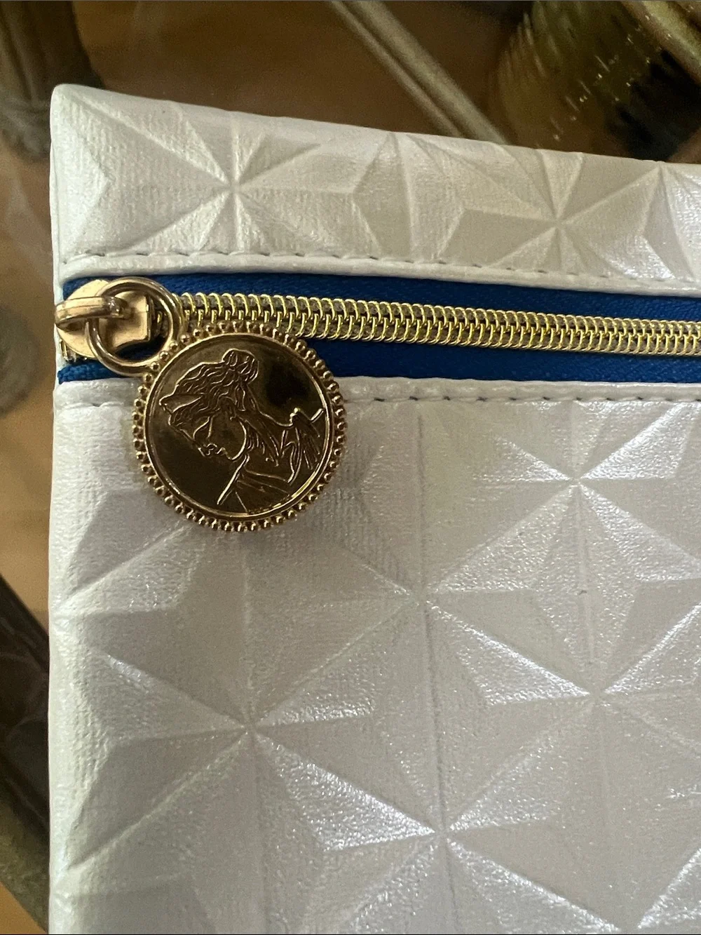 ipsy White Geometric Cosmetic Pouch with Blue Trim and Gold Pull